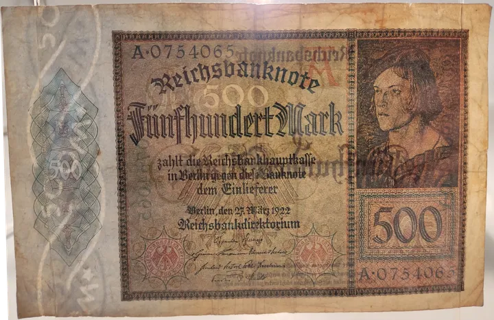 Alter Geldschein 500 Mark Reichsbanknote Reichsbankdirektorium Berlin 1922 zirkuliert 3  - Bild 3