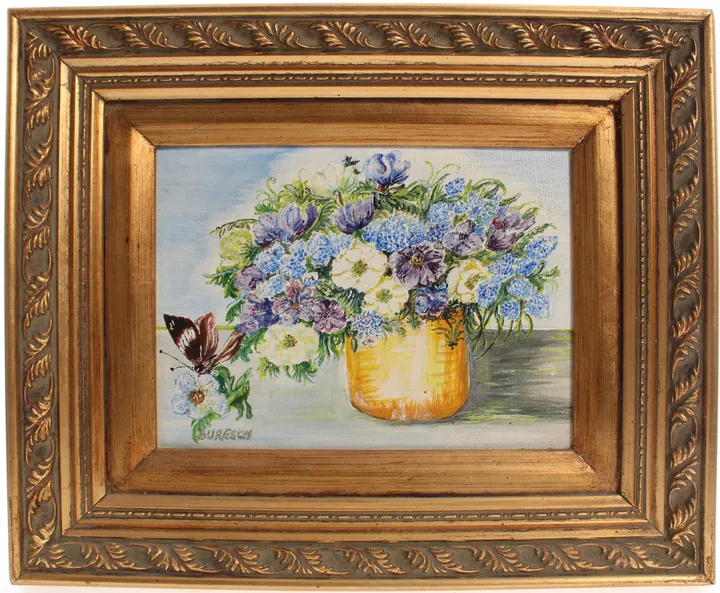 Gemälde „Blumenstrauß im goldenen Krug“ – signiert Buresch, Öl auf Leinenkarton, gerahmt - Bild 1