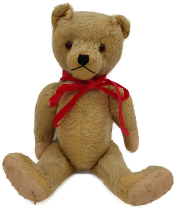 Alter Teddybär hellbraun mit roter Schleif hart gestopft im stehen 44 cm  - Bild 2