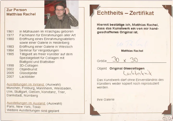 Matthias Rachel Original Lackbild auf Glas – Abstrakte Kunst – 26,5 x 26,5 cm – Zertifikat - Bild 3