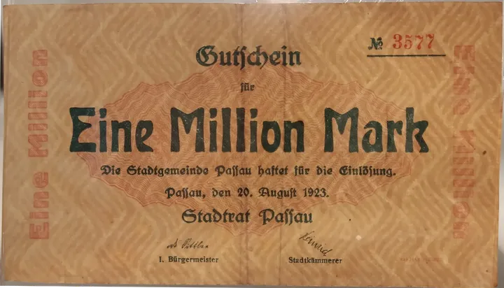 Alter Geldschein 1 Million Mark Gutschein Stadtrat Passau Passau 1923 zirkuliert 3  - Bild 3