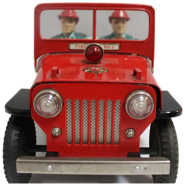 Vintage 60er Blechspielzeug Jeep FIRE DEPT No.5 von TN Nomura Japan – 35 cm Feuerwehrfahrzeug mit Figuren & Funktion - Bild 1