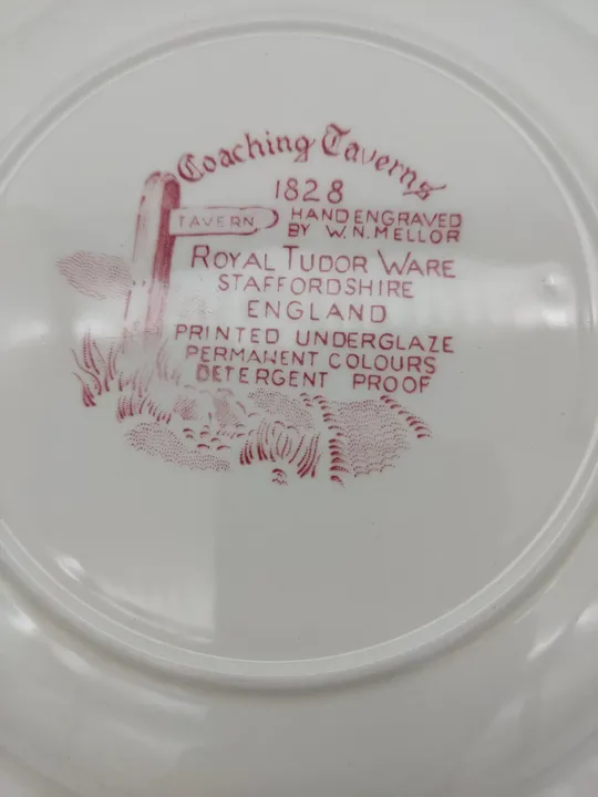 Royal Tudor rot Dessertteller Set (6 Stück) handgraviert W. N. Mellor England - Bild 2