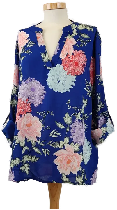 Damen Bluse blau mit bunten Blumen, Ärmelriegel, Gr. L - Bild 1