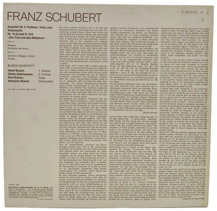 Vinyl LP - Schubert, Busch-Quartett - Streichquartett - Der Tod und das Mädchen  - Bild 2