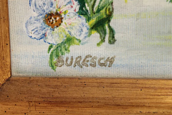 Gemälde „Blumenstrauß im goldenen Krug“ – signiert Buresch, Öl auf Leinenkarton, gerahmt - Bild 2