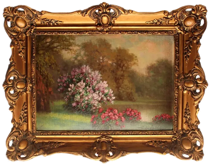 Gemälde – Blumenlandschaft am See – signiert „Ferdinand Stribny“ – Öl auf Platte – mit Zierrahmen - Bild 1