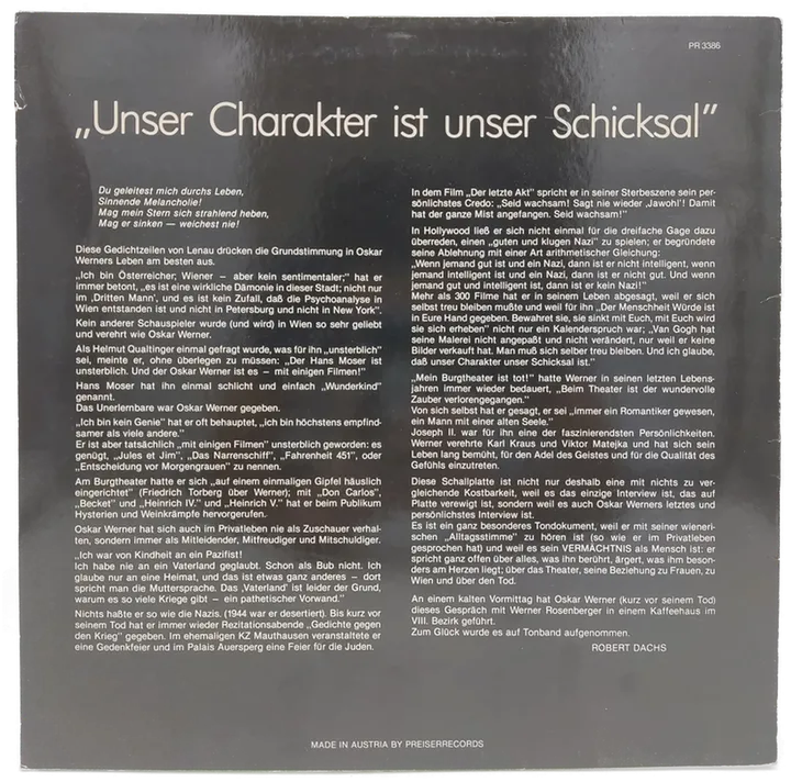 Vinyl LP - Oskar Werner gibt sein letztes Interview - Unser Charakter ist unser Schicksal  - Bild 2