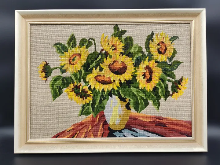 Vintage Gobelin Stickbild / Sonnenblumen mit Vase - Bild 4