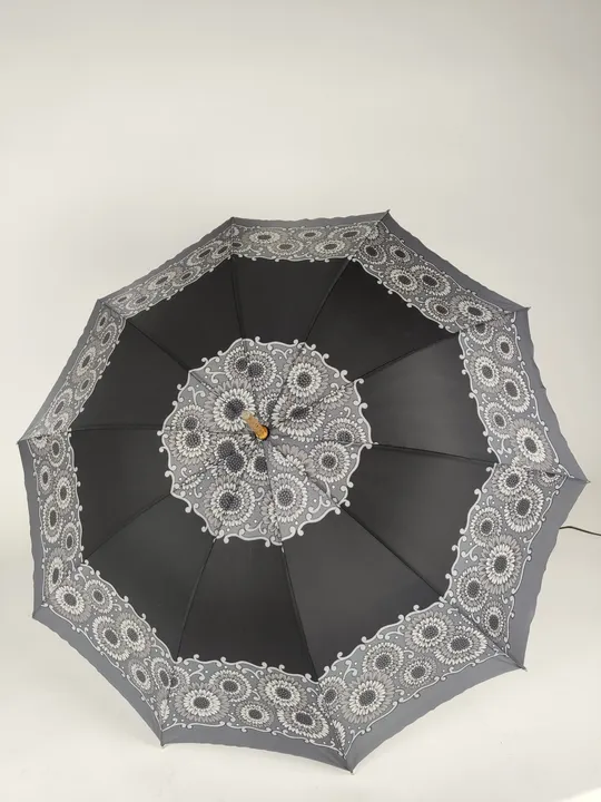 Vintage-Flanierschirm / Sonnenschirm / Damenschirm mit schönem Holzgriff - schwarz/grau mit Blumenmuster - Bild 2