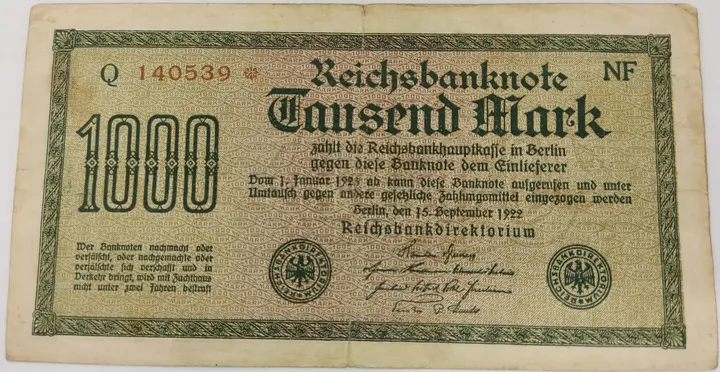 Alter Geldschein 1000 Mark Reichsbanknote Reichsbankdirektorium Berlin 1922 zirkuliert 3 - Bild 1