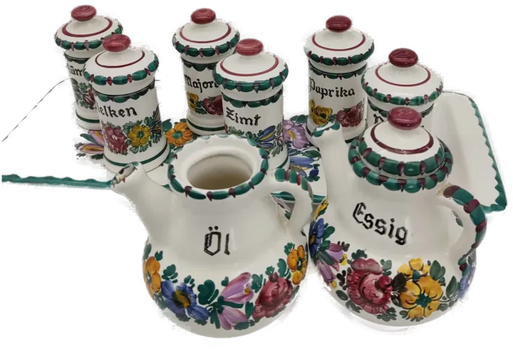 Gmundner Keramik, Gewürzbehälter auf Untertasse sowie Essig+Ölkanne - Bild 2