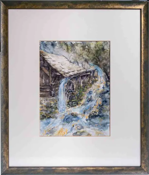 Aquarell alte Mühle mit Fluß, Naturlandschaftsbild mit Passepartout und dunkelgrünem Rahmen - Bild 1