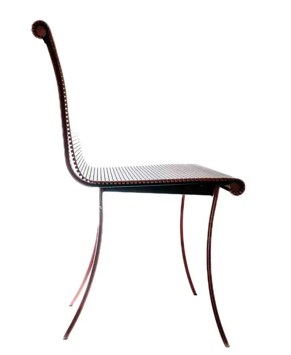 Design Sessel mit Holz-Sitzfläche, Gestell aus Stahl, rotes Leder - Bild 2