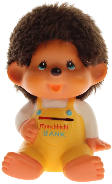 Monchhichi Spardose – ca. 13 cm – gelber Overall – Vintage Sammelfigur „Monchhichi Bank“ - Bild 1