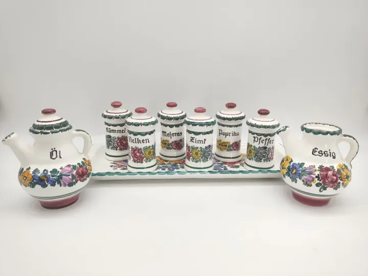 Gmundner Keramik, Gewürzbehälter auf Untertasse sowie Essig+Ölkanne - Bild 1