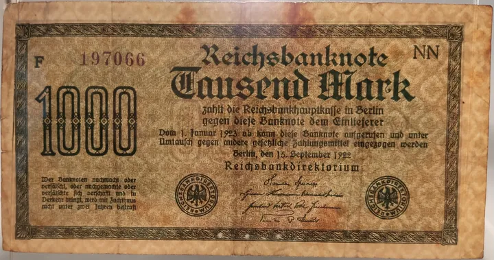  Alter Geldschein 1000 Mark Reichsbanknote Reichsbankdirektorium Berlin 1922 zirkuliert 3 - Bild 3