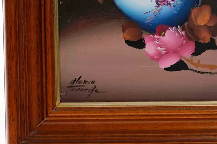 Bild Alfonso Tenerife Blumenstillleben im Holzrahmen, signiert, Vintage Wandbild - Bild 2