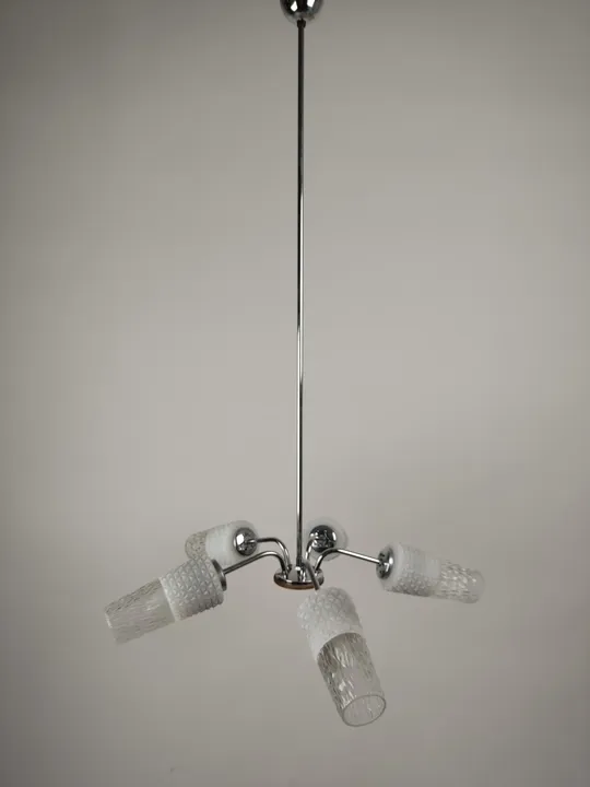 Mid-Century Deckenlampe 5-flammig / silberfarben mit weißen Glas/Milchglas Schirmen - Bild 7