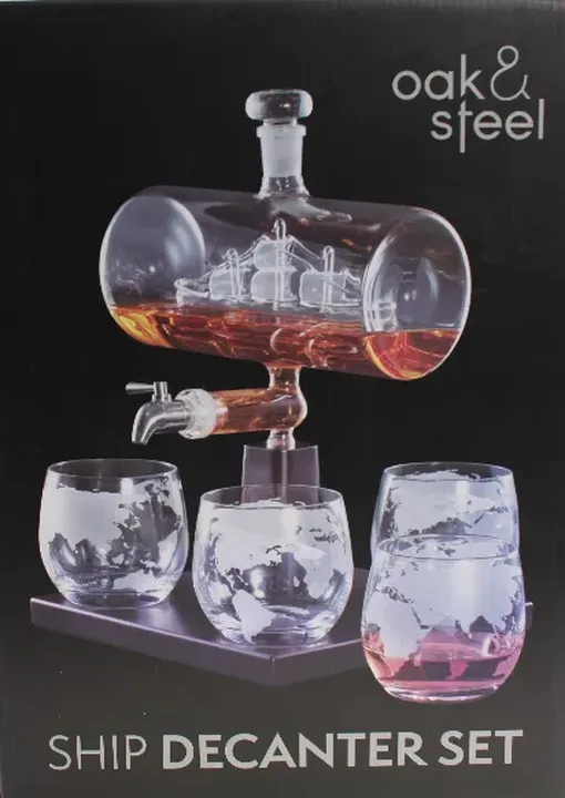 Oak & Steel – Schiff-Dekanter-Set mit 4 Gläsern und Originalverpackung - Bild 1