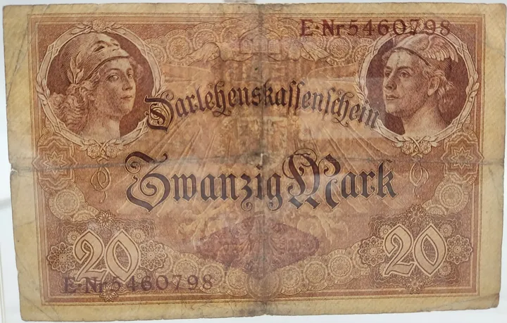  Alter Geldschein 20 Mark Darlehenskassenschein Reichsschuldenverwaltung Berlin 1914 zirkuliert 3/4 - Bild 3