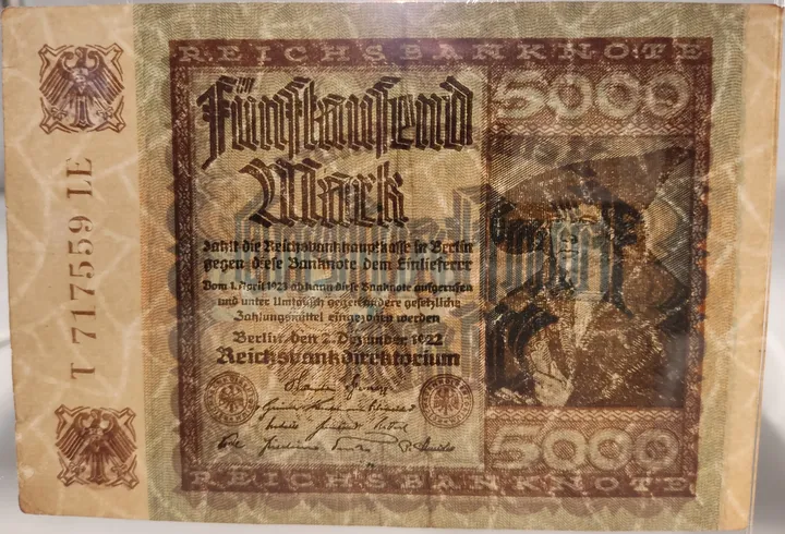 Alter Geldschein 5000 Mark Reichsbanknote Reichsbankdirektorium Berlin 1922 zirkuliert 3  - Bild 3