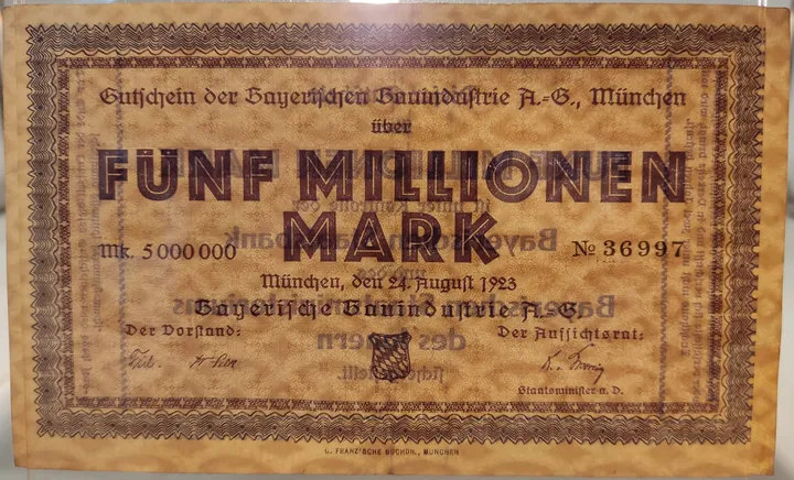 Alter Geldschein 5 Millionen Mark Gutschein der Bayerischen Bauindustrie AG München 1923 zirkuliert 2  - Bild 3