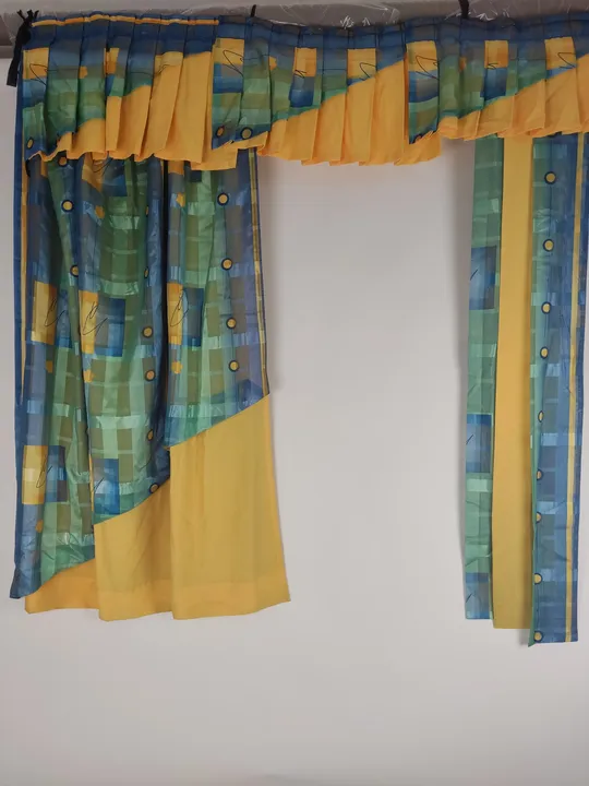 Vorhang-Fenster 3tlg., Vorhang-Tür 3tlg., gelb/blau-grün gemustert - Bild 1