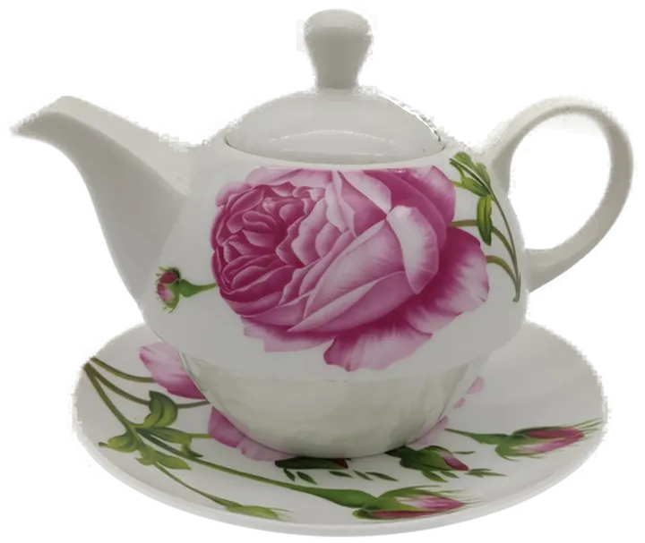 Teekanne Porzellan mit Untersetzer Rosenblütendekor - Bild 1
