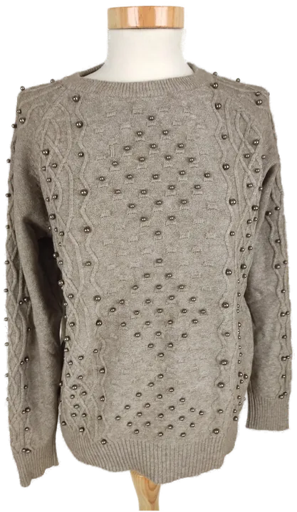 Pullover langarm mit Rundhalsausschnitt, braun mit Perlen, Größe 38 (geschätzt) - Bild 1