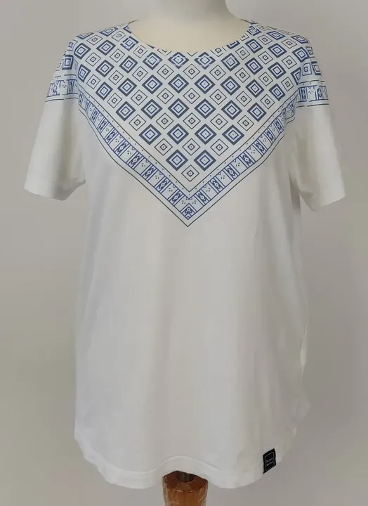 DEZEN DEZEN Damen T-Shirt weiß mit blauem Muster - M - Bild 1