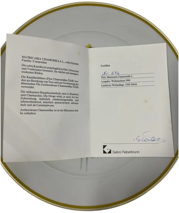 SUISSE LANGENTHAL Sammelteller Nr. 596 Weihnachten 1990 Matricaria Chamomilla mit Zertifikat - Bild 2