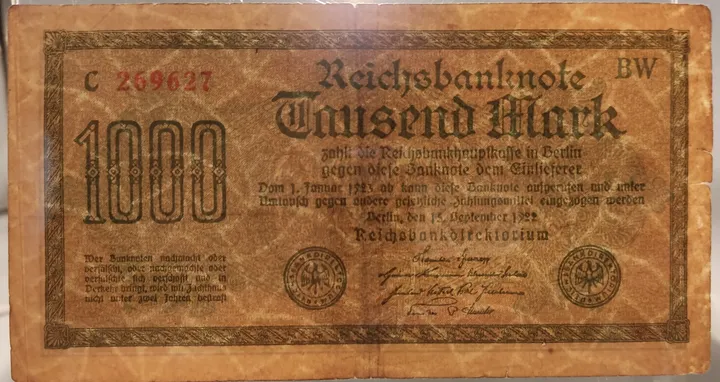 Alter Geldschein 1000 Mark Reichsbanknote Reichsbankdirektorium Berlin 1922 zirkuliert 3  - Bild 3