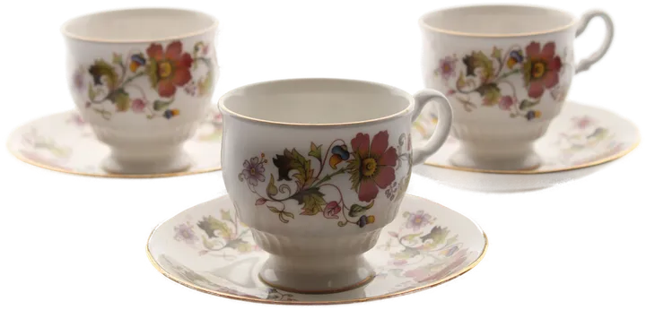 Royal Kent Bone China Tassen & Untertassen – Blumenmotiv mit Goldrand, 6-teilig - Bild 1