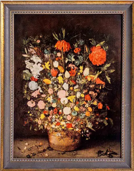 Druck von einem Gemälde mit Blumenmotiv und goldenem Holzrahmen von Jan Brueghel Nature morte aux fleurs - Bild 1