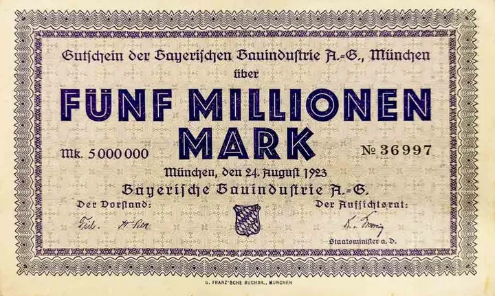 Alter Geldschein 5 Millionen Mark Gutschein der Bayerischen Bauindustrie AG München 1923 zirkuliert 2  - Bild 1