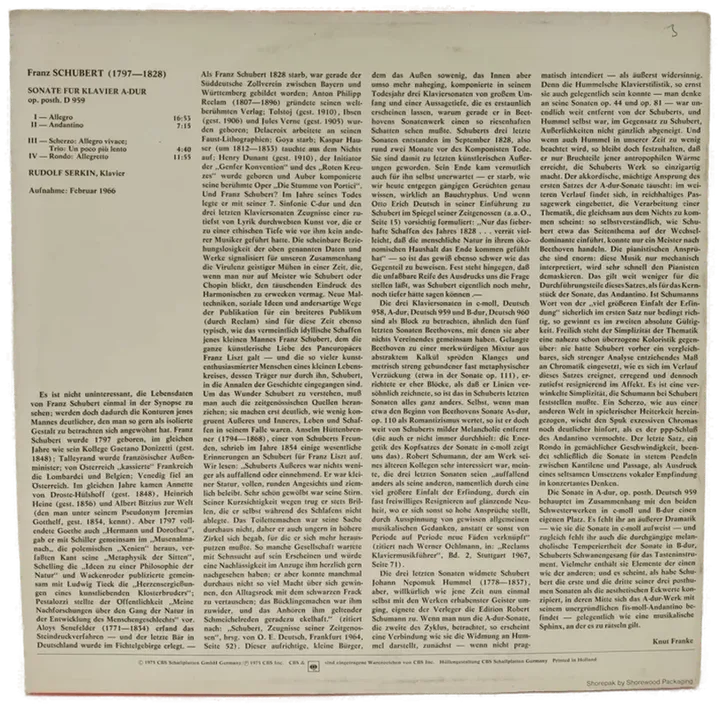 Vinyl LP - Franz Schubert, Rudolf Serkin - Sonate für Klavier A-dur op. posth. D959 - Bild 2