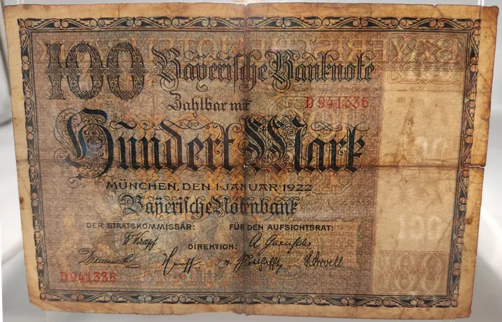Alter Geldschein 100 Mark  Bayerische Banknote München 1922 zirkuliert 3-4  - Bild 3