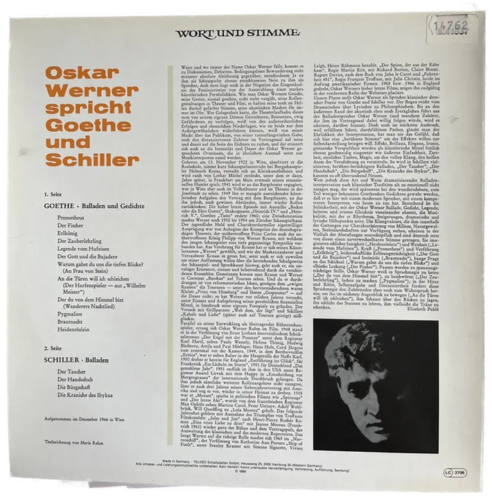 Schallplatte Oskar Werner spricht Goethe und Schiller 1986 TELDEC – 16.41759 - Bild 2