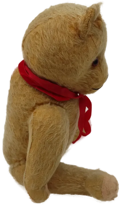 Alter Teddybär hellbraun mit roter Schleif hart gestopft im stehen 44 cm  - Bild 3