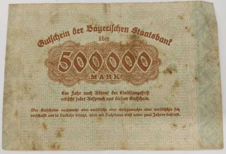  Alter Geldschein 500.000 Mark Gutschein der Bayerischen Staatsbank 1923 zirkuliert 3 - Bild 2