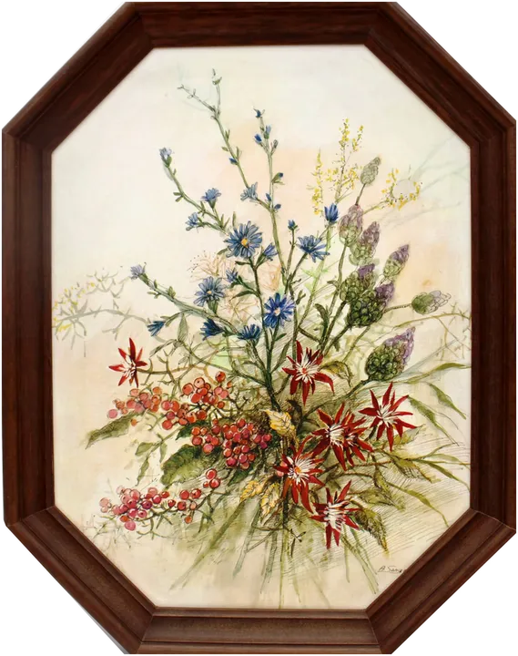 Vintage Blumenbild „Mariendisteln“ – A. Songer | Oktagon Holzrahmen - Bild 1
