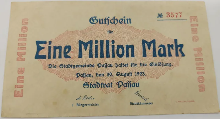 Alter Geldschein 1 Million Mark Gutschein Stadtrat Passau Passau 1923 zirkuliert 3  - Bild 1