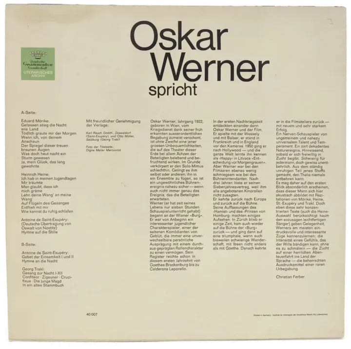 Vinyl LP - Oskar Werner - Spricht  - Bild 2