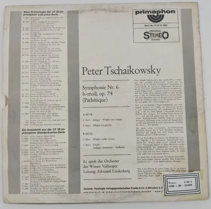 Schallplatte Tschaikowsky Symphonie Nr. 6, H-Moll OP. 74 - Wiener Volksoper - Edouard Lindenberg - Bild 2