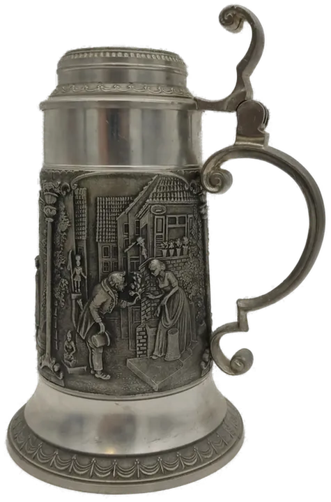 Vintage Zinn-Bierkrug mit Stadtleben-Motiven, 95% Zinn - Bild 3