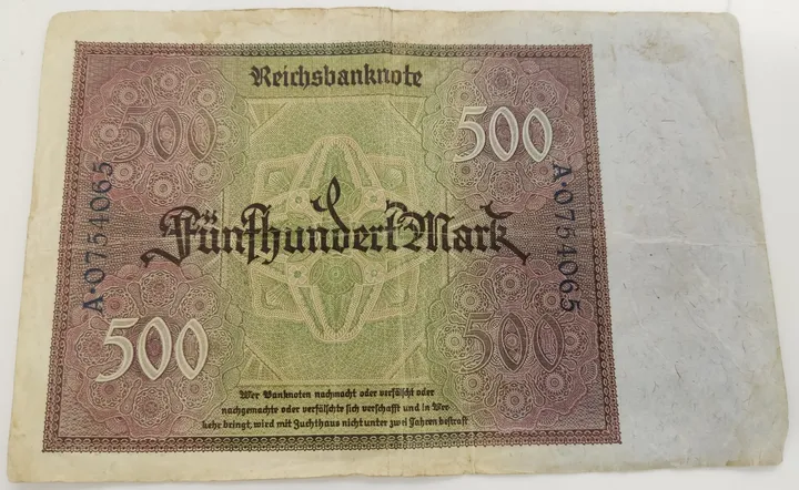 Alter Geldschein 500 Mark Reichsbanknote Reichsbankdirektorium Berlin 1922 zirkuliert 3  - Bild 2