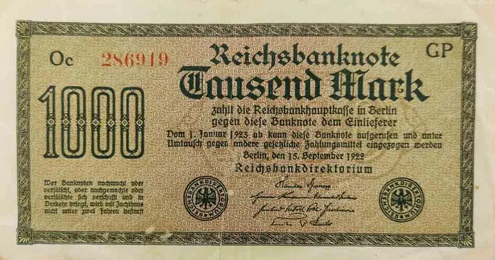 Alter Geldschein 1000 Mark Reichsbanknote Reichsbankdirektorium Berlin 1922 zirkuliert 3  - Bild 1