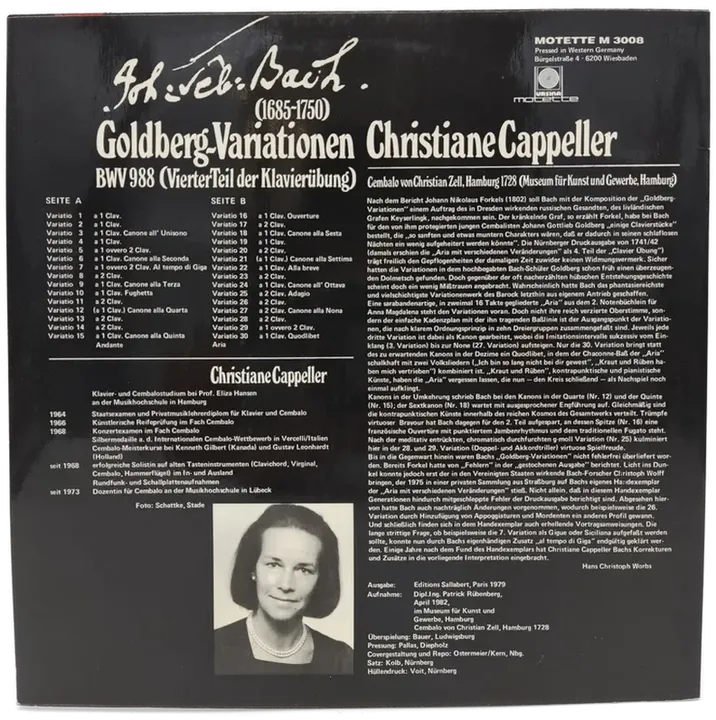 Vinyl LP - Christiana Cappeller - Goldberg Variationen BWV 988 - Bild 2