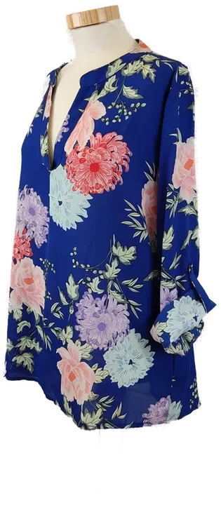 Damen Bluse blau mit bunten Blumen, Ärmelriegel, Gr. L - Bild 2